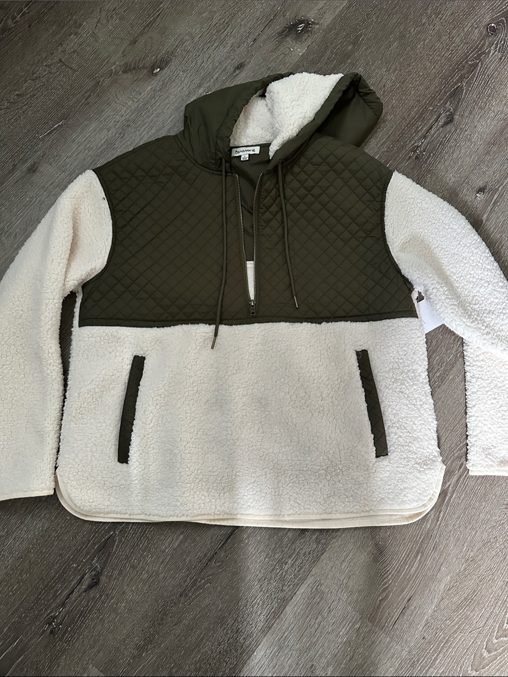 BearPaw Quilted Hooded Sherpa Pullover - Olive & Cream